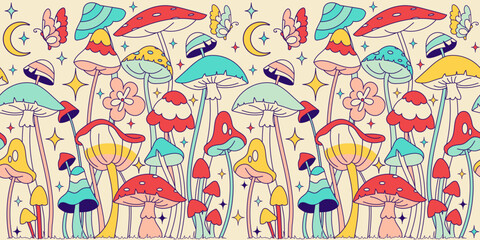 Groovy background with Floral graphic and mushrooms . Seamless pattern, retro 60s, 70s hippie style fun wallpaper. Vintage meadow, wonderland. Tricky textile, fabric, wrapping, wallpaper, background.