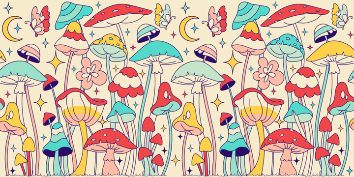 Groovy background with Floral graphic and mushrooms . Seamless pattern, retro 60s, 70s hippie style fun wallpaper. Vintage meadow, wonderland. Tricky textile, fabric, wrapping, wallpaper, background. Stock Vector | Adobe Stock Groovy background with Floral graphic and mushrooms . Seamless pattern, retro 60s, 70s hippie style fun wallpaper. Vintage meadow, wonderland. Tricky textile, fabric, wrapping, wallpaper, background. Stock Vector | Adobe Stock