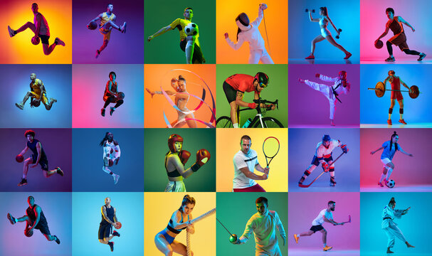 Sport collage of professional athletes on gradient multicolored neoned background. Concept of motion, action, active lifestyle, achievements