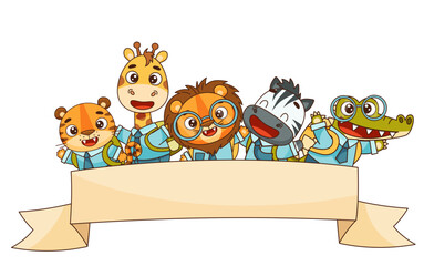 Banner with cute schoolchildren crocodile, zebra, giraffe, lion and tigert. Vector cartoon element for design isolated on white background
