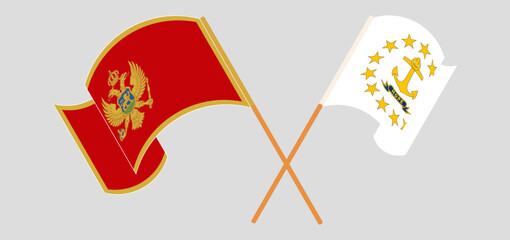 Crossed and waving flags of Montenegro and the State of Rhode Island