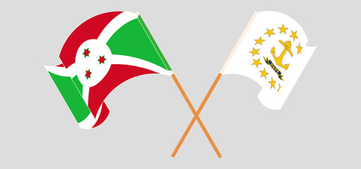 Crossed and waving flags of Burundi and the State of Rhode Island