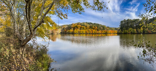 Panorama Of Fall Foliage Colors Around North Georgia Lake
