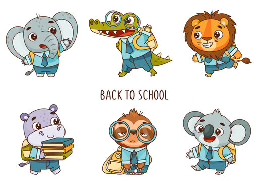 Set of kids kawaii elephant, crocodile, lion, koala, hippo, sloth go to school. Vector illustration for designs, prints, patterns. Isolated on white background