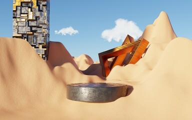 Abstract Dune cliff sand with metallic Podium stand platform. Surreal Desert natural landscape background. Scene of Desert with glossy metallic arches geometric design. 3D Render.