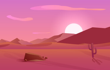 Fototapeta na wymiar Desert dunes at sunset, Egyptian landscape scenery - flat vector illustration.