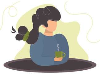 Cute girl at the table drinking coffee. Faceless flat character with a cup of coffee or tea. Vector illustration, cartoon design.