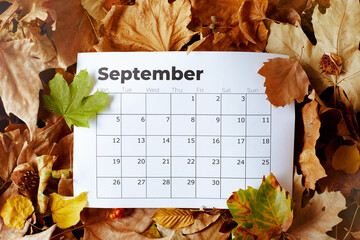 autumn flat lay with September calendar and leaves