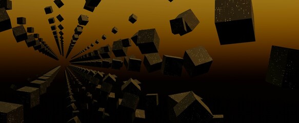 Decaying tunnel from digital cubes background. Dark cyber space with 3d render flying squares. Futuristic old hyper corridor in sunset light