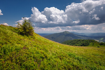Summer views in the Bieszczady Mountains - views of the mountain ranges and lakes.