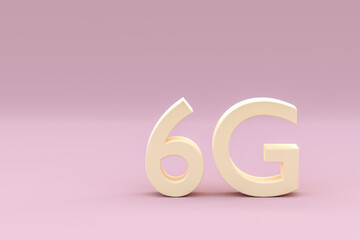 
3d illustration of 6g text in yellow color on pink background, technology concept