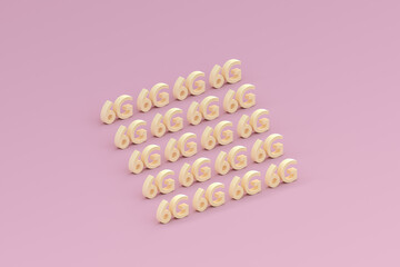 
3d illustration of 6g text in yellow color on pink background, technology concept