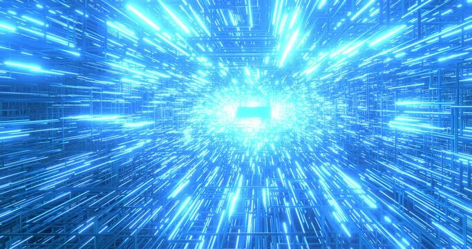 Neon tunnel made of luminous pipes. Abstract hyperjump corridor made of industrial pipes with laser blue illumination 3d render. Bright digital techno art design