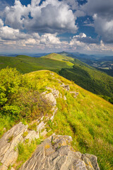 Summer views in the Bieszczady Mountains - views of the mountain ranges and lakes.