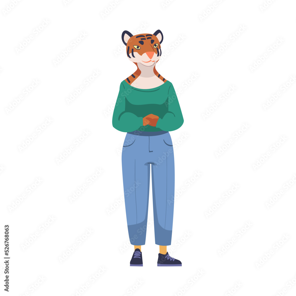 Sticker Tigress as Animal Office Employee Wearing Formal Corporate Suit Standing Vector Illustration