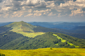 Summer views in the Bieszczady Mountains - views of the mountain ranges and lakes.