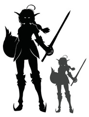 A black silhouette of a knight girl with a totem sword and a beautiful winged shield, she is a young elf in plate armor with long pointed ears and pigtails. 2d vector art, white background, isolated.