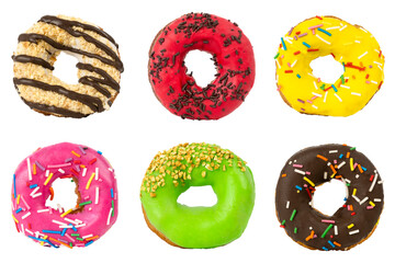 set of different donuts with colorful sprinkles