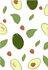 Pattern whole and sliced avocado on white background, vector illustration.
