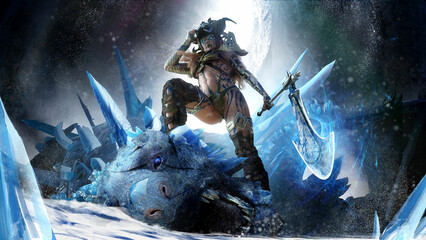 Scandinavian Valkyrie woman stands proudly with her foot on a defeated crystal dragon that has bled blue, she is goddess of war with an axe and a demonic helmet, tattoos on her sexy body. 3d rendering