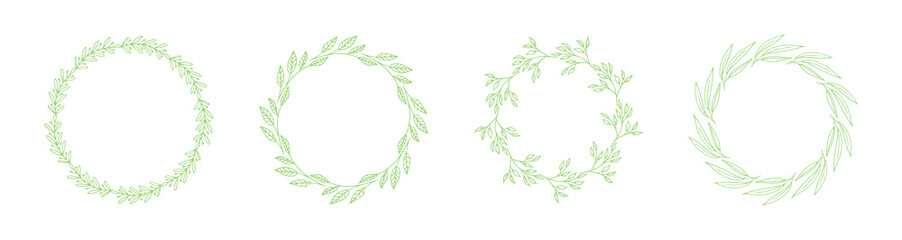 Floral circle decorative wreaths. Vector set of round frames with leaves