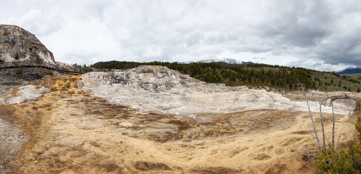 Hot spring Geyser with colorful water in American Landscape. Cloudy Sky. Yellowstone National Park, Wyoming, United States. Nature Background Panorama