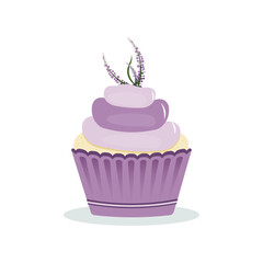 Lavender cupcake, with a flower. Vector design of cupcake illustration. 
