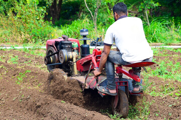 Farmers cultivate land with tractor or power tiller machine, modern agriculture, tractor