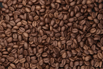 Stack of roasted coffee bean top view, 3D illustration.