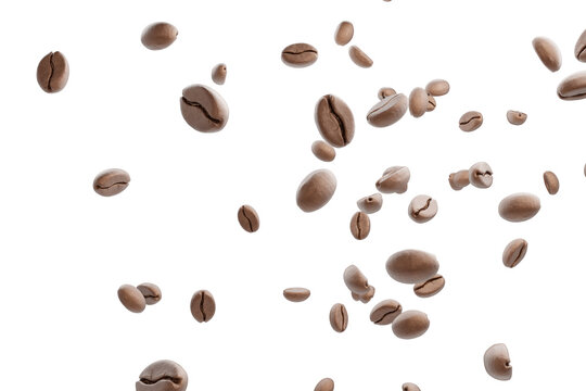 Roasted coffee bean falling on white background. 3D Illustration.