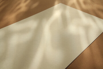 empty white paper sheet on brown background with sunlight glow and shadows