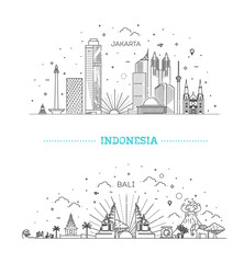 Indonesia Cityscape with Landmarks. Vector outline illustration