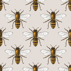 Seamless beige background with bees.