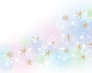 Fototapeta na wymiar ゴールドの雪の結晶が降る美しい淡い虹色背景白バックフレームイラストベクター素材