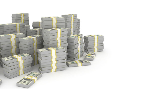 Tall pile of us currency - US dollars isolated stacked on white background. 3d render	