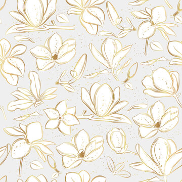 Seamless vector pattern with magnolia flowers on a gray background. Line art style.