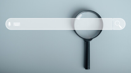 Searching for information, Search engine technology in web browsers, using search engines to find information in the Internet, SEO concept and Magnifying glass on background with copy space .