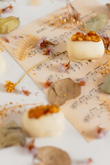 White chocolate candy with nut. Food Styling. Fall and Autumn comfort food.