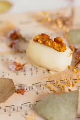 White chocolate candy with nut. Food Styling. Fall and Autumn comfort food.