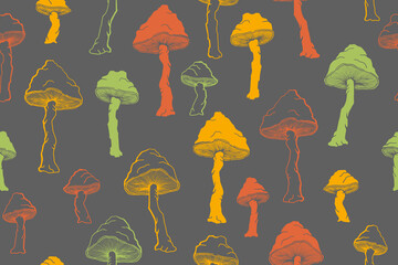 Amanita choky inedible mushrooms seamless pattern vector illustration.