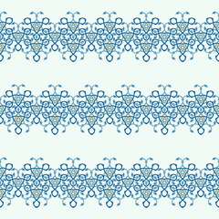Blue ornamental stripes seamless vector pattern on white background. Traditional ethnic ornament in 

Indian, Turkish, Arabic, Jewish, Ukrainian motif. Good for wallpaper, ceramics, textile, fabric.