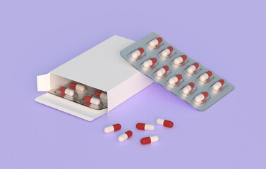 Close up of package with two blisters with medicines pills. Mockup template. 3d rendering