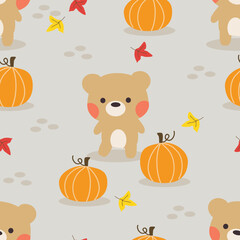Cute Little Bear and Pumpkins Seamless Pattern