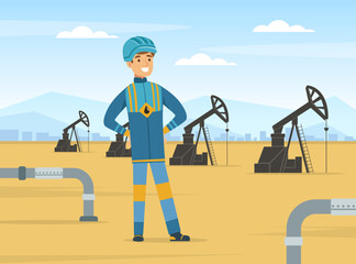 Fototapeta premium Oil or Petroleum Industry with Man Character in Blue Uniform Standing on Derrick Site Vector Illustration