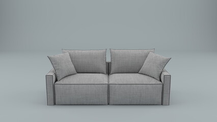 Modern sofa on a gray background, empty layout mockup banner, fabric upholstery textile. 3d rendering