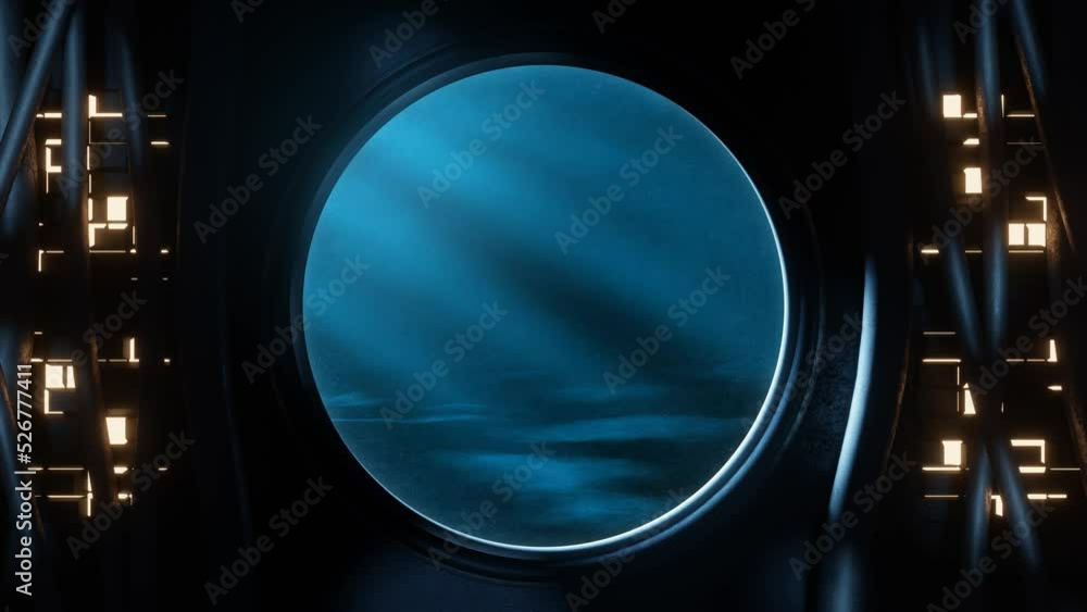 Wall mural view of a round window with underwater background seen from inside a submarine or sci-fi environment