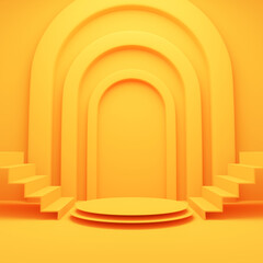 3d rendering yellow podium, stairs and arch door for background.