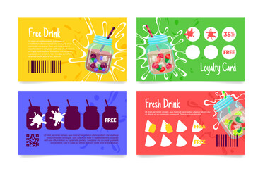 Free drink stamp sticker collected and get gift loyalty card set vector illustration