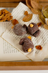 Cashew shape candy on white background. Food Styling concept.