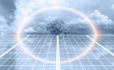 Solar Panel (Photovoltaic) with lone tree and cloudy sky reflection